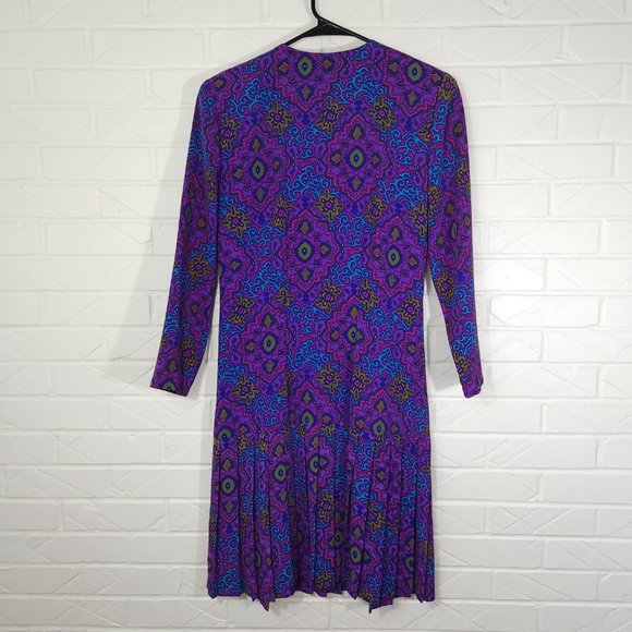 Vintage Leslie Fay Purple Blue Stain Glass Kaleidoscope Print Dress Pleat Skirt - Picture 7 of 7